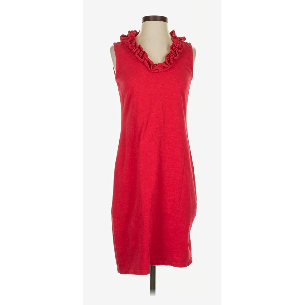 Talbots Women's Red Solid Shift Dress XS Sleeveless Ruffle Neck Knee Length